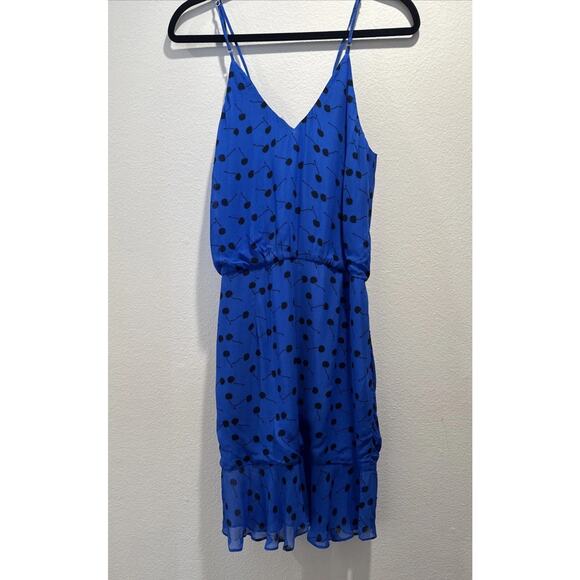 Karina Grimaldi Dress Women’s Size 4 Blue Black Cherry Print Ruched FLAWED - Picture 2 of 16